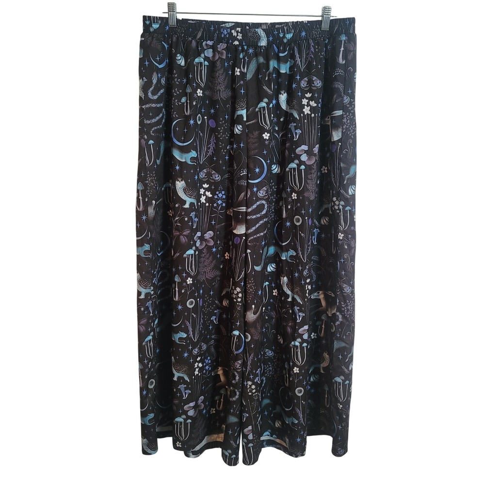 ROMWE 3XL Celestial Mushroom Forest Print Wide Leg Pants Black Blue Whimsigoth - Picture 1 of 12